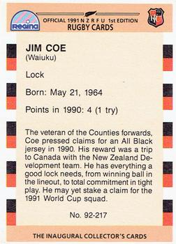 1991 Regina NZRFU 1st Edition #92 Jim Coe Back
